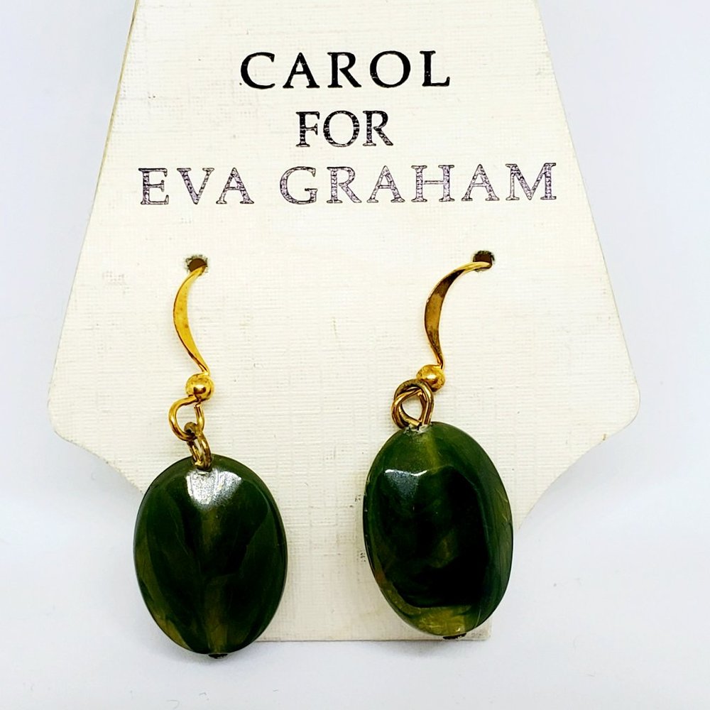 Carol for Eva Graham Marbled Green Oval Bead Gold Hook Pierced Earrings NOS